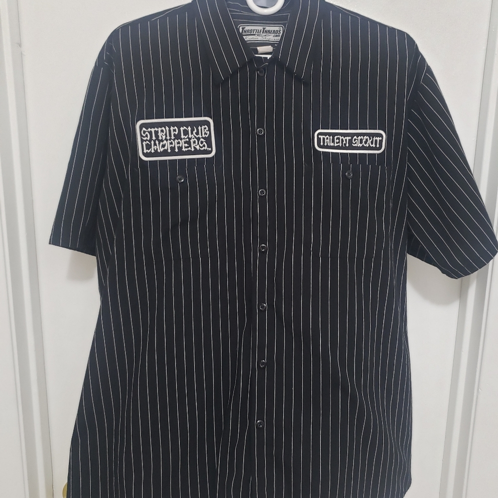 Throttle Threads Shop Shirt Mens XL black & white pinstrip button down.
